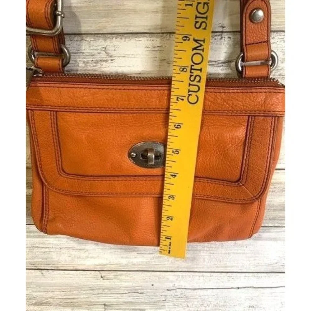 Orange Fossil Leather Crossbody Bag with‎ Front Turn Lock Pocket